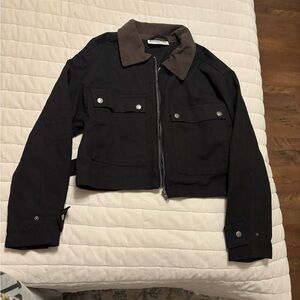 No Boundaries Black Jacket with Dark Brown Collar